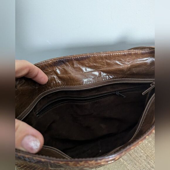 Vintage Leather Purse, Embossed Faux Snake Skin shoulder bag brown 1970s - Picture 7 of 10